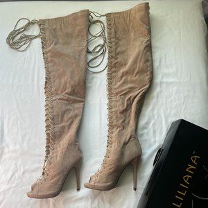 Liliana Women's Taupe Suede Over the Knee Boots - Size 8.5